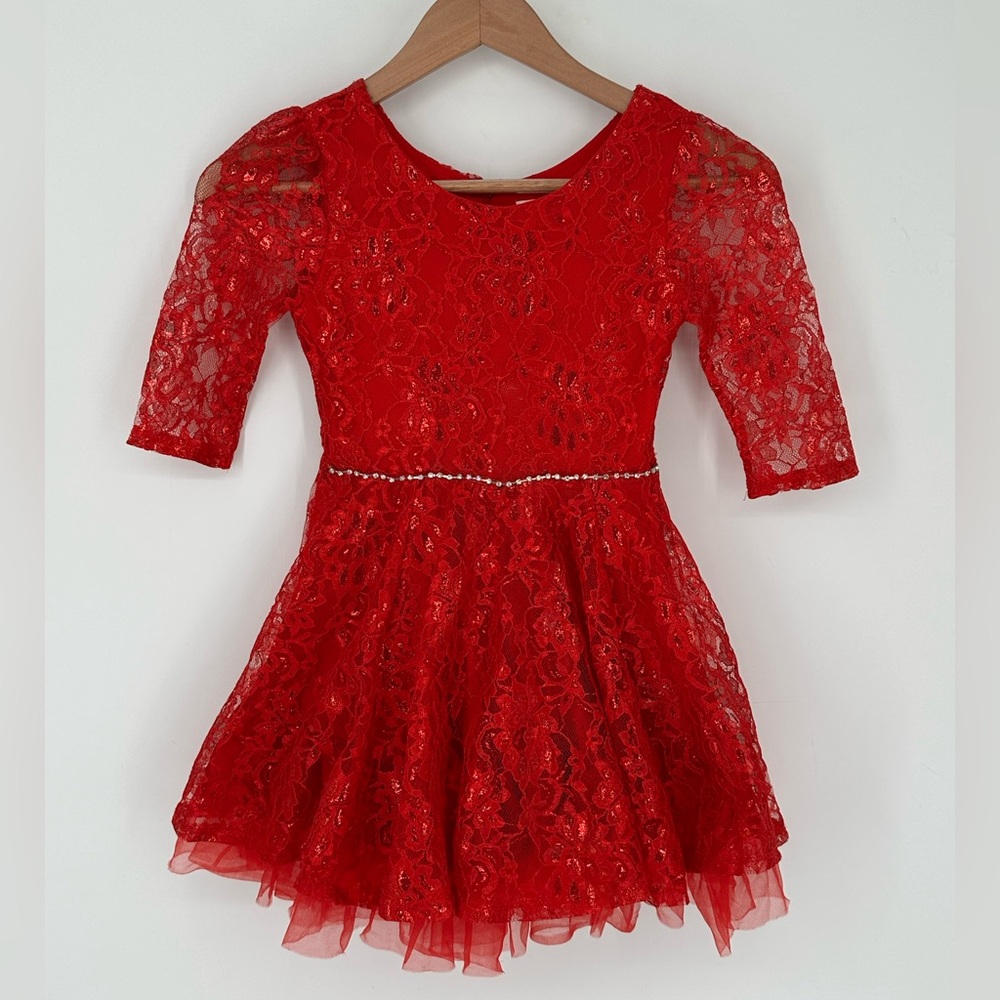 Knit Works Girls Sz 5 Red Lace Holiday Dress Lined Sparkle Christmas K3